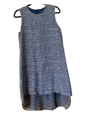 Theory Silk Shift Dress Size 8 Blue Abstract Print Sleeveless Sheer Hem Panels